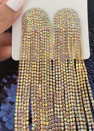 Супер длинные серьги с кристаллами золотистые3 фото