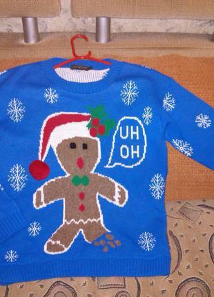 Новогодний свитер pura moda с пряничным человеком и снежинками2 фото