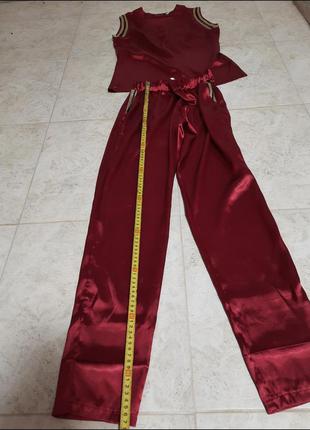 Женский брючный костюм атласный спортивный костюм 42 44 размер бордо красный червоний бордовий штаны майка