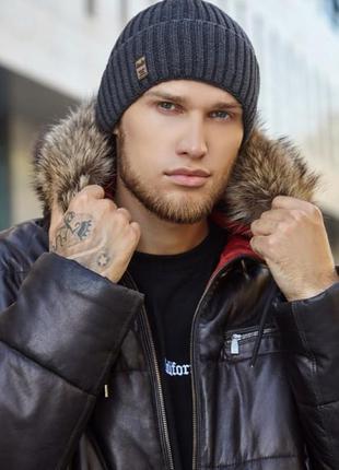 Удобная мужская шапка с отворотом "бенджи" - 5034 графит