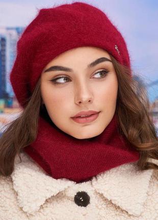Тёплый зимний комплект эстель бордовый, берет и баф 4977-77