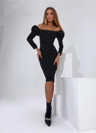 Трендовое женское платье в горох и черное5 фото