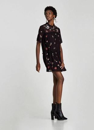 Платье шифоновое черное в цветочный принт пайетки zara10 фото