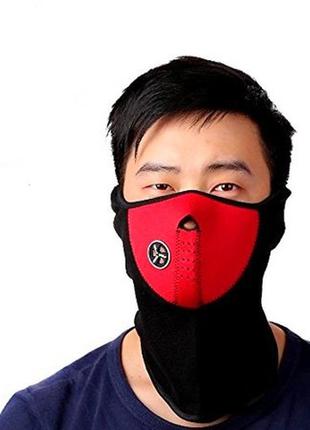 Черная с красным плотная неопреновая флисовая защитная маска от ветра холода снега мороза с клапаном1 фото