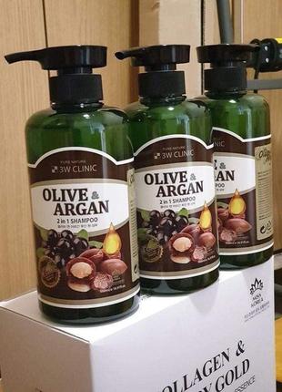 Шампунь для пошкодженого волосся 3w clinic olive & argan 2 in 1 shampoo з олією аргани та оливи, 500 мл