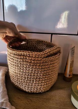 Джутова корзина. плетеная круглая корзина с ручками. органайзер.