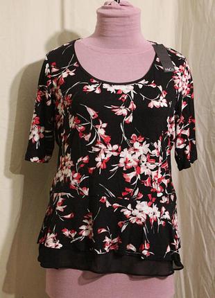 Блузочка футболка трикотаж с шифоном принт цветы