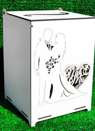 Весільний банк для грошей пара mr&mrs +акрил срібло 22см дерев'яна коробка скарбниця скриня скарбничка на весілля2 фото