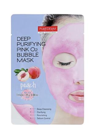 Очищаюча піниться маска "персик" purederm deep purifying green o2 bubble mask peach