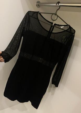 Чёрное женское нарядное платье короткое мини с вставками сетки рукав три четверти h&m