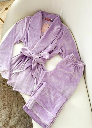 Роскошная лавандовпя пижама шаль, домашний костюм короткий халат и штаны, жакет велюровый, плюшева піжама велюр
