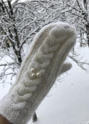 Рукавички білі вязані мітенки білі  мохер мітенки молочні рукавички