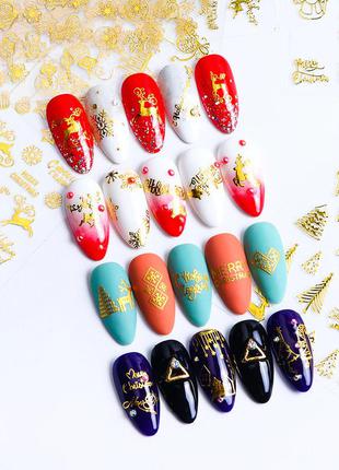 Новорічні 3d наліпки - золоті та червоні зимові слайдери на нігті, різдво, стікери2 фото