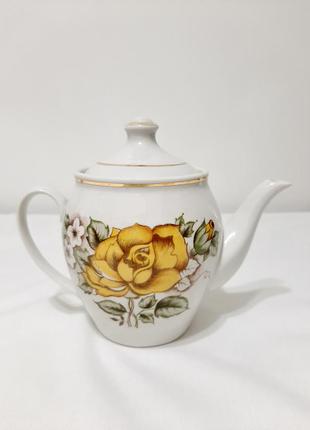 Чайник заварювальний для чаю великий глек білий жовта троянда біла кераміка