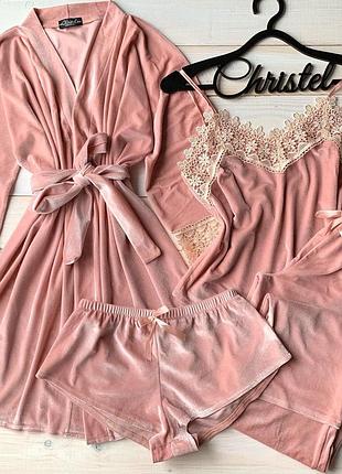 Бархатистый набор christel халат+майка+шорты+брюки 4 предмета рв