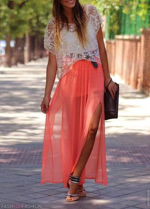 Красива шифонова максі-спідниця з розрізами від h&m coral neon