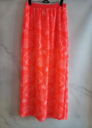 Красивая шифоновая макси-юбка с разрезами от h&m coral neon2 фото