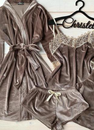 Оксамитовий набір christel халат+майка+шорти+штани 4 предмета колір капучіно1 фото