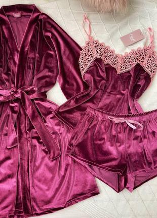 S комплект 031 christel бархатный майка шорты пижама халат розовый2 фото