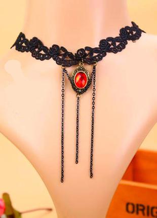 Черный кружевной нарядный праздничный чокер колье на шею ожерелье ошейник шнурок повязка "линда"