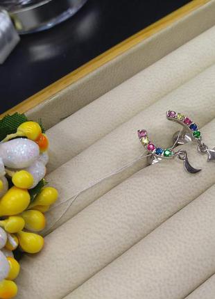 Срібні сережки гвоздики пусети веселка з різнокольоровим фіанітом підвісками місяць зірка 9252 фото
