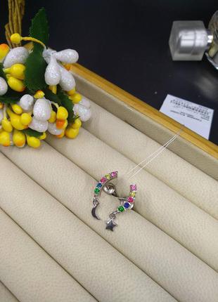 Срібні сережки гвоздики пусети веселка з різнокольоровим фіанітом підвісками місяць зірка 9253 фото