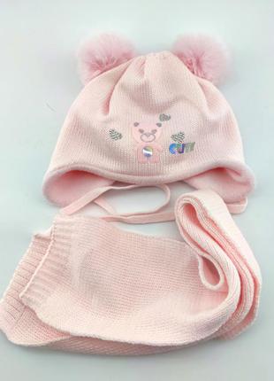 Дитяча в'язана шапка 44-48 розмір тепла з шарфом і зав'язками рожева (шдт204)2 фото
