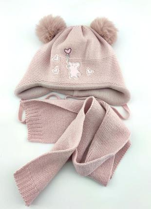 Детская вязаная шапка 44-48 размер польша теплая с шарфом и завязками бежевый (шдт211)2 фото