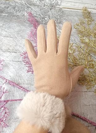 ❤️ рукавички бежеві трикотаж на флісі зі штучним хутром 🎉