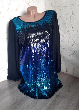 Туника,платье,сукня нарядная в пайетки амбре синий/бирюзовый/голубой/чёрный 48-50 р.