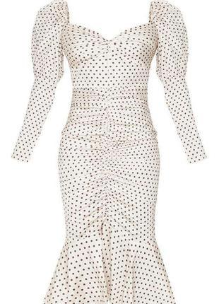 Сукня міді тілесного кольору в горошок з пишними рукавами і складками, воланами по краю, розмір xl