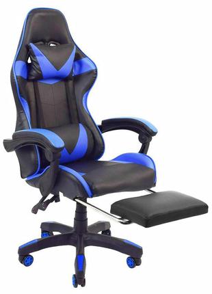 Кресло геймерское профессиональное с подставкой для ног maxy gt синее + подушка2 фото