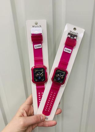 Темно-малиновый прозрачный силиконовый ремешок с чехлом на корпус apple watch 38 40 41 и 42 44 45 мм5 фото