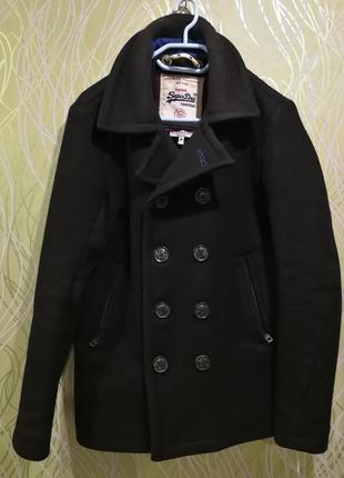 Мужское шерстяное черное пальто бушлат superdry heavyweight pea coat2 фото