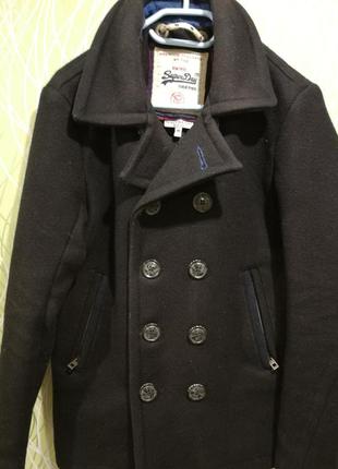 Мужское шерстяное черное пальто бушлат superdry heavyweight pea coat4 фото