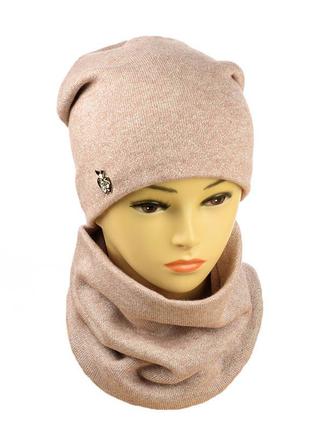 Женский зимний комплект (шапка и шарф) из ангоры с люрексом пудровый