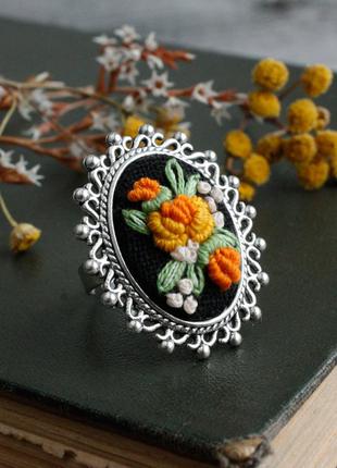 Крупное кольцо с розами в стиле ретро оранжевое кольцо с цветами вышитое кольцо с камеей