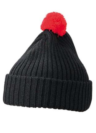 Шапка унисекс осенне-зимняя вязаная с отворотом и помпоном - mb7540mblr цвет черно-красній