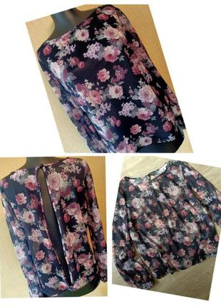 Шифоновая  полупрозрачная блуза в цветочный принт1 фото