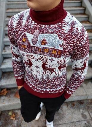 Мужской свитер с домиком оленями новогодние шерстяные свитера2 фото