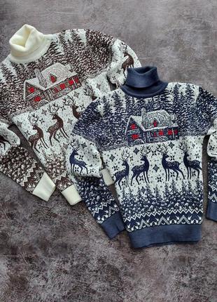 Мужской свитер с домиком оленями новогодние шерстяные свитера6 фото