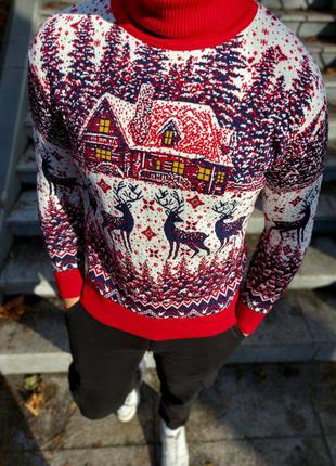 Мужской свитер с домиком оленями новогодние шерстяные свитера4 фото