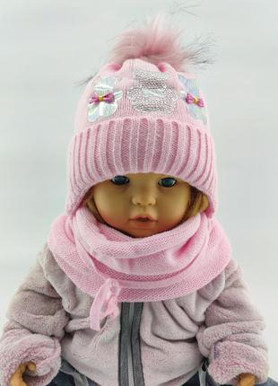 Детская вязаная шапка 48-52 размер польша теплая с флисом хомутом на завязках розовая (шдт61)