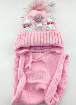 Детская вязаная шапка 48-52 размер польша теплая с флисом хомутом на завязках розовая (шдт61)2 фото