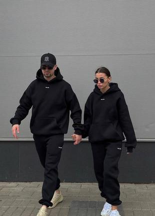 Костюм спортивный спортивний прогулочный парный family look фэмили лук на флисе теплый теплий тёплый оверсайз чорний черный чёрный
