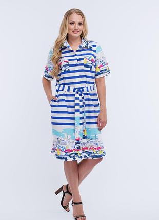 Плаття-сорочка алеся ак-240 котон білий/синій корабочки