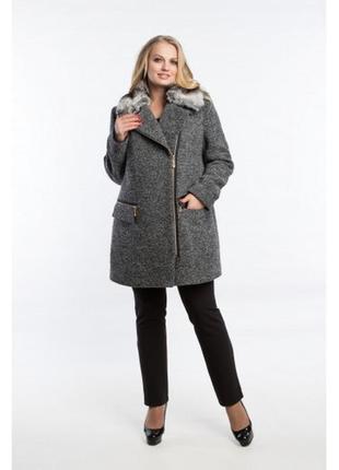 Полупальто алеся ак-103 утепленное шерсть букле черно/серый мех