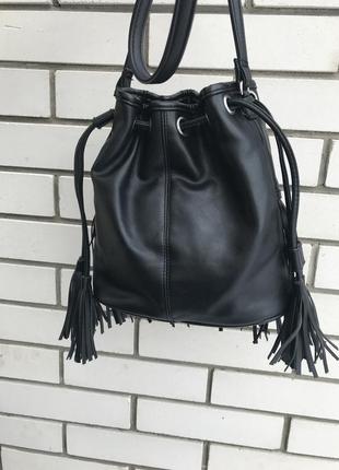 Черная сумка,торба,мешок с бахромой,на одно плечокож.зам,в этно,бохо стиле, clockhouse5 фото