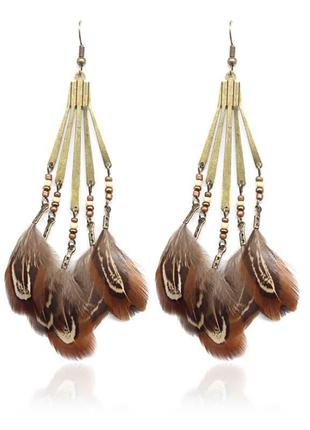 Сережки з пір'ям фазана в бохо етно стилі хіпі