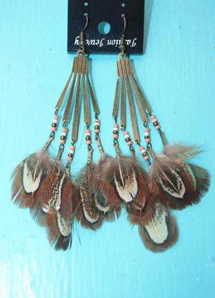 Сережки з пір'ям фазана в бохо етно стилі хіпі4 фото